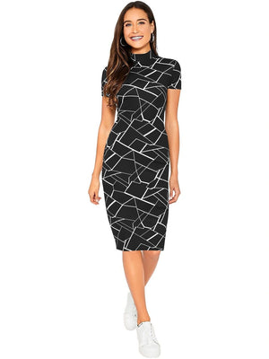 Abstract Print High Neck Bodycon Dress - Black