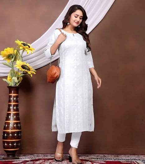 White Chikankari Embroidery Cotton Kurti for Women - Kalira Luxury