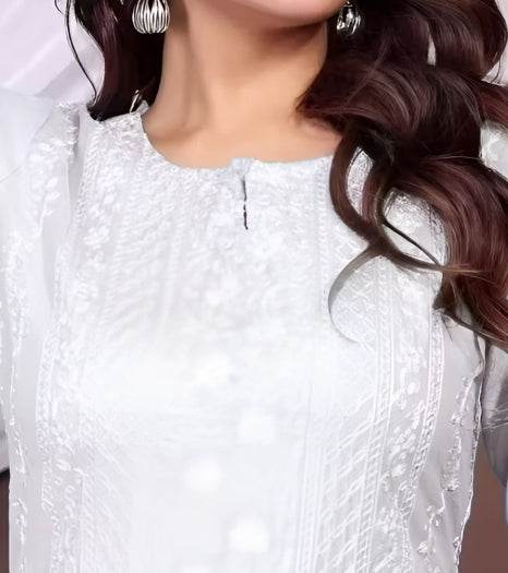 White Chikankari Embroidery Cotton Kurti for Women - Kalira Luxury