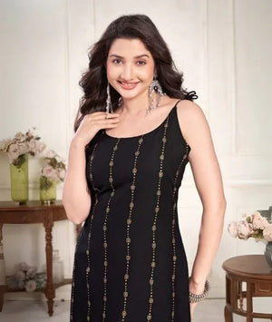 Black & Gold Print Sleeveless Kurta - Kalira Luxury