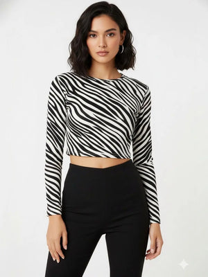 Animal Print Fringed Crepe Crop Top - White